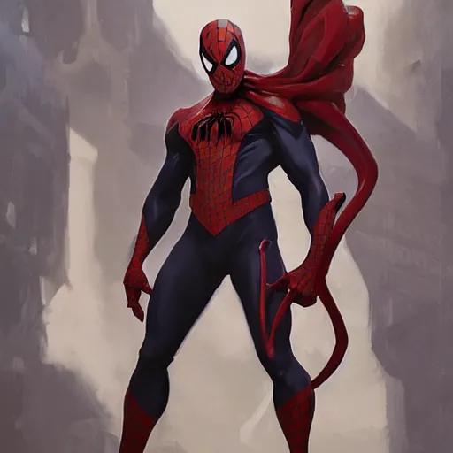 Image similar to greg manchess portrait painting of a dark venomous iron spiderman as overwatch character, medium shot, asymmetrical, profile picture, organic painting, sunny day, matte painting, bold shapes, hard edges, street art, trending on artstation, by huang guangjian, gil elvgren, ruan jia, greg rutkowski, gaston bussiere