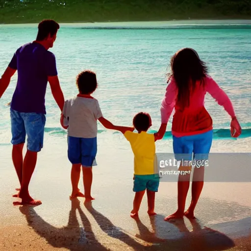 Prompt: a vibrant photograph of a happy family on the beach, wide shot, outdoors, wide - angle lens, soft focus, shutterstock contest winner, verdadism, stockphoto, stock photo, photo taken with ektachrome