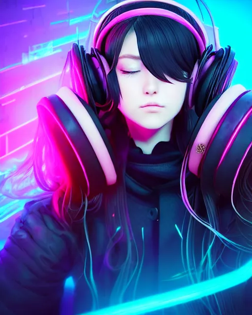 Prompt: beautiful portrait of a woman with pastel long hair with her eyes closed facing the camera centered with studio headphones on in the style of a code vein character, momo from twice in code vein in the style of WLOP, artgerm, yasutomo oka, rendered in unreal engine and redshift octane , background is surrounded by epic neon glitch effect digital art dynamic dramatic lighting, soft lighting, imagine fx, artstation, cgsociety, by Bandai Namco artist,