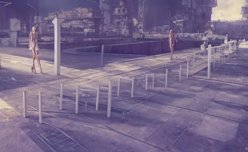 Prompt: Fashion Runway, Catwalk Platform in Temple, Concept Art, Octane, Redshift, 4k, Fashion Photography