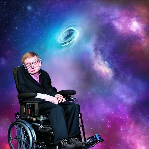 Image similar to stephen hawking with space in the background, universe, galaxies, planets, black hole, by wlop and ross tran, colorful