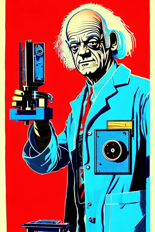 Image similar to doc emmet brown in his lab, high details, intricately detailed, by vincent di fate, inking, 3 color screen print, masterpiece, trending on artstation,, sharp, details, hyper - detailed, hd, 4 k, 8 k