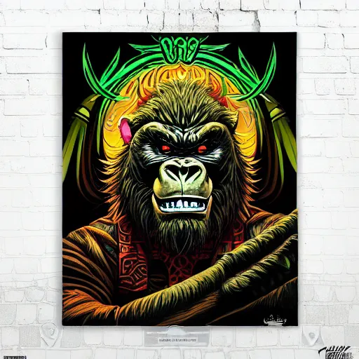 Prompt: barong family member, wiwek, mara demon, one single tribe member, jungle, one single mask, dark, ancient warrior, maniacally laughing grumpy gorilla, lizard, tribal, inner glow, art by dan mumford and justin gerard