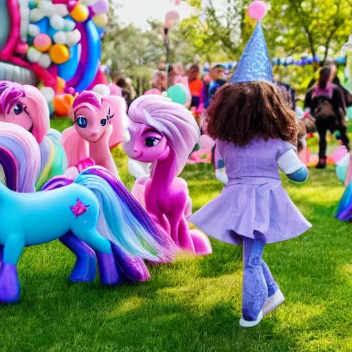 Image similar to children riding (my little pony) at a birthday party in the city park. balloons, cake, presents, craziness, havoc, style of pixar, 8K, 4K