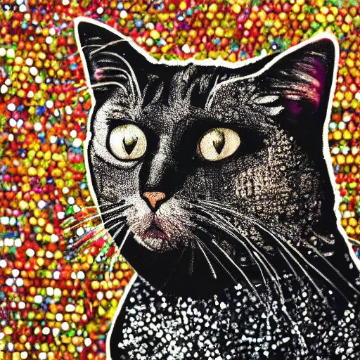 Image similar to a photo of a cat covered in sequins, hyperrealistic, textured, animal portrait, f 2. 8