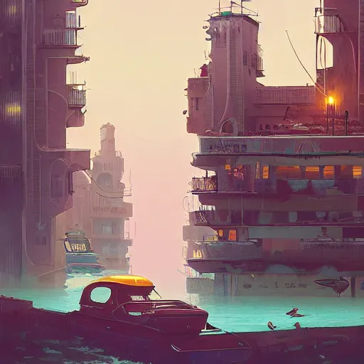 Prompt: rome under water in 2 0 7 7 by simon stalenhag, flying cars, retrofuturism, white sharks, hd