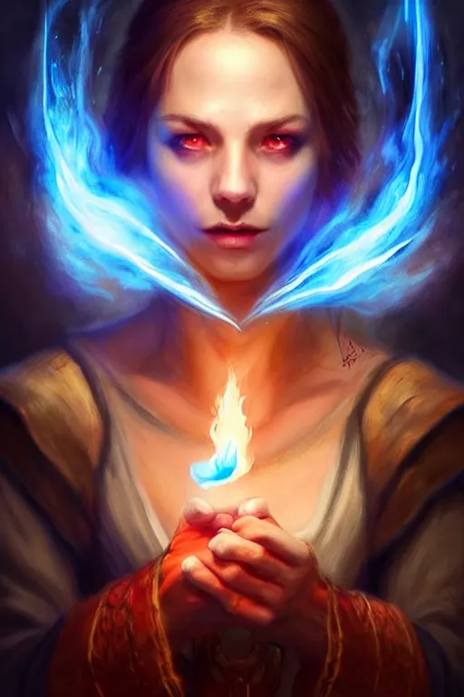 Image similar to Front portrait of mage hold a blue fire on right hand and red fire on the left hand, full body, fine art, awesome fantasy book cover on Pinterest, award winning, dark fantasy landscape, fantasy magic, intricate, elegant, sharp focus, cinematic lighting, highly detailed, digital painting, concept art, art by WLOP and Artgerm and Greg Rutkowski, masterpiece, trending on artstation, 8K