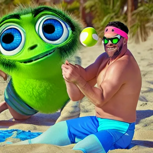 Image similar to Mike Wazowski and Sully playing beach volleyball, bikini, sandy beach,
