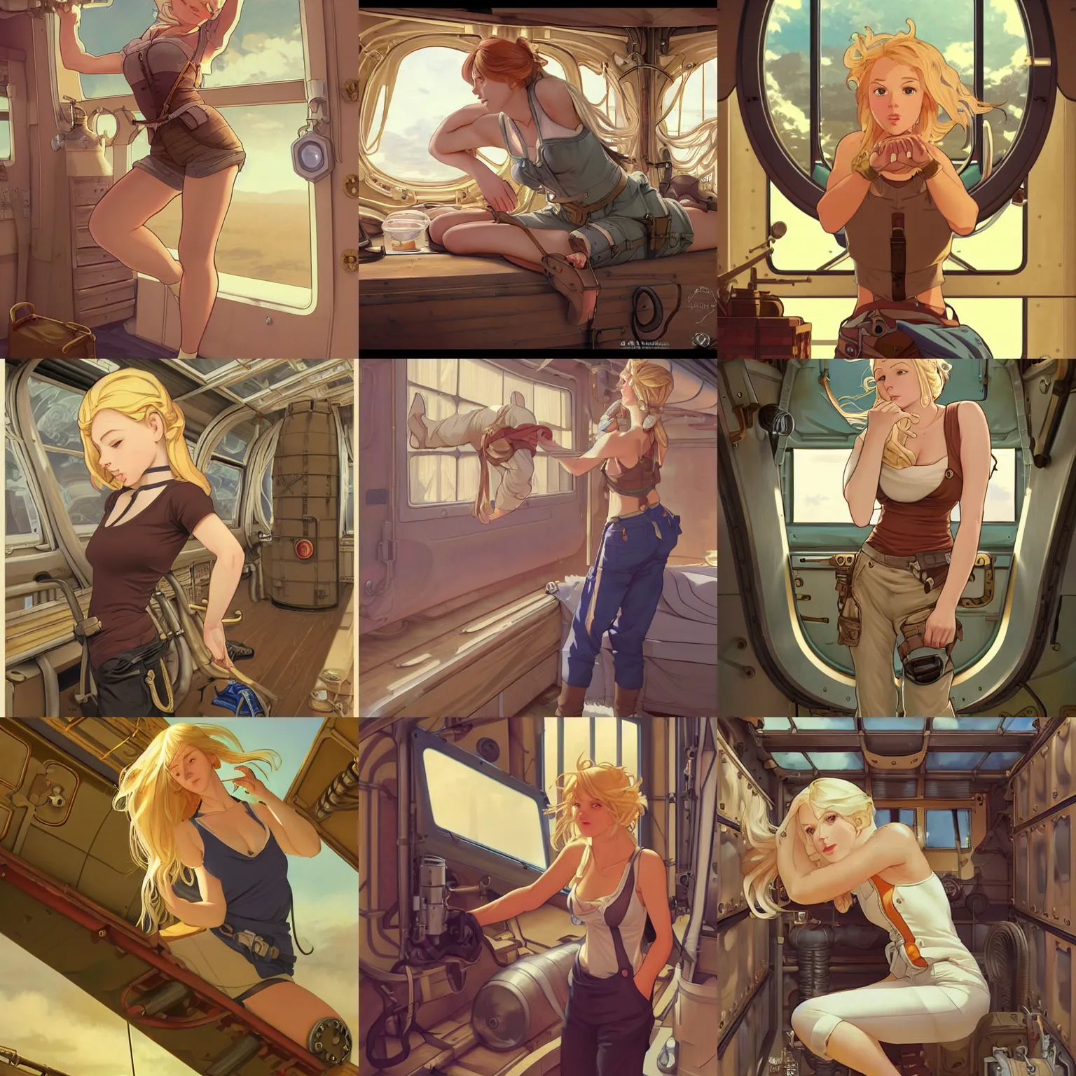 Prompt: Character portrait of a tank top-clad blonde female airship mechanic stretching and yawning in her cramped bunk, steampunk, highly detailed, digital painting, artstation, concept art, smooth, sharp focus, Studio Ghibli anime screenshot, art by Artgerm and Alphonse Mucha and Ilya Kuvshinov