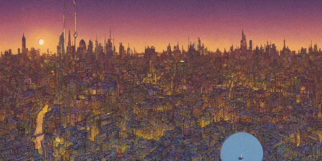 Image similar to A light blue star sinking behind a modern city skyline by Dan Mumford and Dean Ellis and John Atkinson Grimshaw and Anton Fadeev, sunset, purple sky, art nouveau