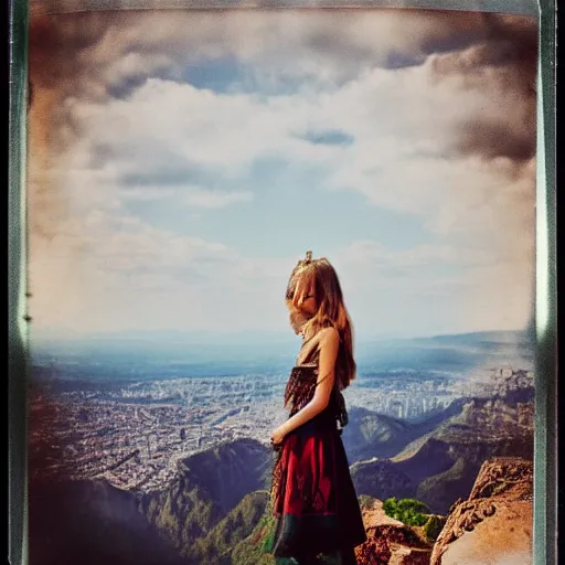 Prompt: dressed beautiful girl looking from the edge of the mountain on the giant city of cats below, highly detailed photo portrait, nostalgic, polaroid, calm
