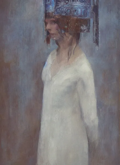 Prompt: medieval helm!!!!!!!, out of focus!! photorealistic portrait of a beautiful pale woman by saul leiter, very blurry!!, translucent white skin, closed eyes, foggy, pale lips