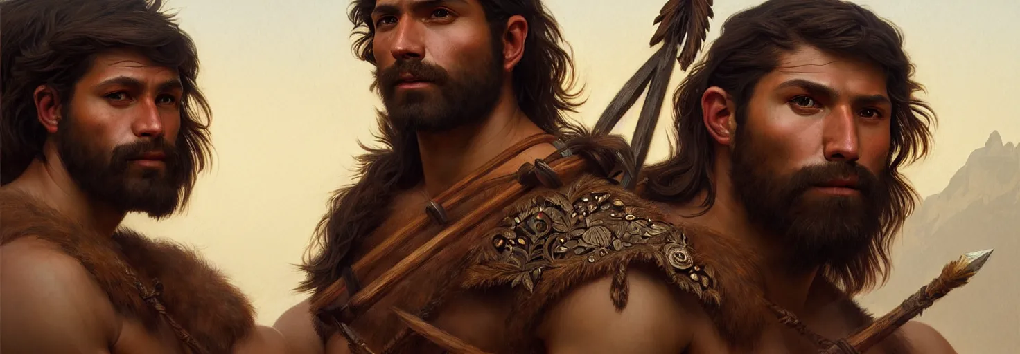 Prompt: renaissance upper body portrait of a gruff ranger with a spear, Navajo, lean and toned, handsome face, hairy chest, D&D, intricate, elegant, highly detailed, digital painting, artstation, concept art, matte, sharp focus, illustration, art by da Vinci, Artgerm and Greg Rutkowski and Alphonse Mucha