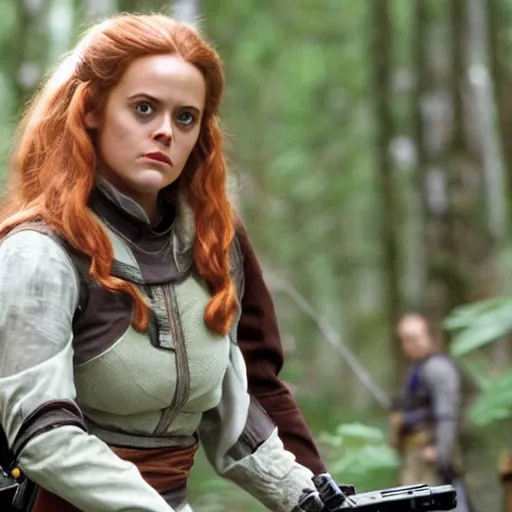 Prompt: close - up movie still of cute young alicia silverstone as bounty hunter mara jade on the forested mountain planet wayland in star wars episode vii : heir to the empire ; bare arms