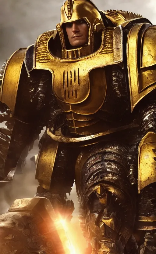 Image similar to Henry Cavill as warhammer 40k Emperor of Mankind dressed in his golden power armor. full-length portrait, beautiful face, long hair, painted by Donato Giancarlo and Annie Liebowitz, fine details, cinematic, highly detailed, octane render