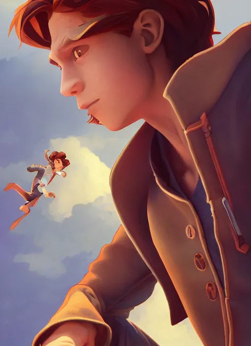 Image similar to skinny young tom holland as jim hawkins from treasure planet, dynamic lighting, path traced, atmospheric, highly detailed, high quality, beautiful painting, octane render, don bluth, ross tran, studio ghibli, alphonse mucha, jama jurabaev, extremely detailed, brush strokes, artstation, artgerm