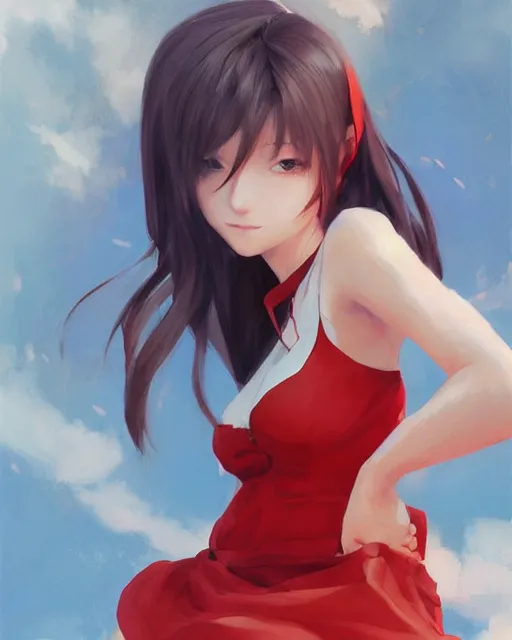 Image similar to elegant tifa lockhart in a red cottagecore dress, portrait, illustration, rim light, top light, summer clear blue sky, perfectly shaded, soft painting, art by krenz cushart and wenjun lin