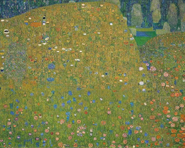 Prompt: painting of sprawling mountains, flower-covered, flowing river, landscape, Beautiful by Gustav Klimt