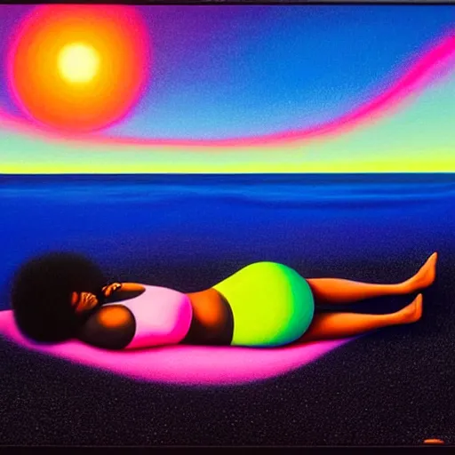 Prompt: a black woman relaxing on a black sand beach at sunset, bioluminescent plankton by justin bua and evgeni gordiets in a surreal style, oil on canvas