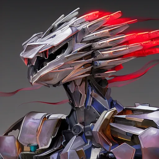 Image similar to stunning bust of a beautiful majestic anthropomorphic humanoid robot mecha female dragon, with smooth and streamlined armor, standing and posing elegantly, well detailed dragon head with epic LED eyes and a warm maw, sharp and dangerous sleek design, two arms, two legs, long tail, beautiful digital art, artstation, DeviantArt, FurAffinity, professional, depth of field, close-up, hd, octane render, sunset lighting