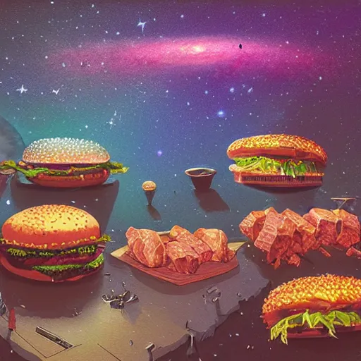 Prompt: a detailed and serene milky way and exploding nebulas made out of fantastic hamburgers in gallerie by James Ryman , dan Mumford, beeple, Johfra Bosschart, Stan and Jan Berenstain ,Gwen John