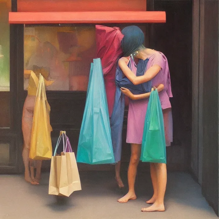 Image similar to colorful women hugging with a paper bag over the head, dressed in plastic bags, inside shopping center, highly detailed, artstation, art by , edward hopper, zdislav beksinski, wayne barlowe