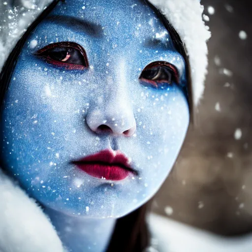Prompt: the piercing stare of yuki onna, snowstorm, blizzard, mountain snow, canon eos r 6, bokeh, outline glow, asymmetric beauty, blue skin