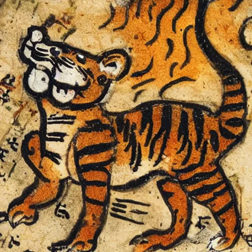 Image similar to bad drawn tiger made of smoke, lava and fire flying in the sky with many legs in a medieval manuscript, medieval manuscript, golden miniatures