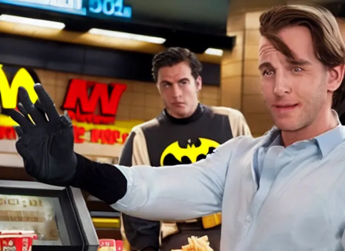 Image similar to film still of Batman working as a cashier at McDonalds in the new batman movie, 4k