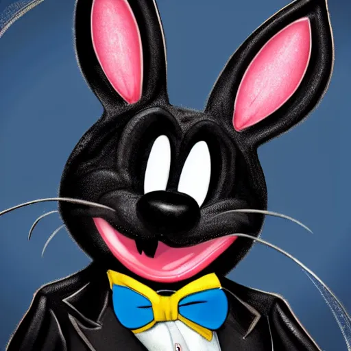 Image similar to A extremely highly detailed majestic hi-res beautiful, highly detailed head and shoulders portrait of a scary terrifying, horrifying, creepy black cartoon rabbit with a bowtie and scary big eyes, earing a shirt laughing, hey buddy, let's be friends, in the style of Walt Disney