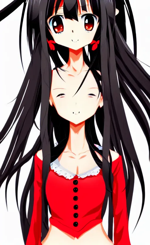 Prompt: anime girl with a detailed face and black hair in a red outfit, full body, trending, blank space at the top, illustration