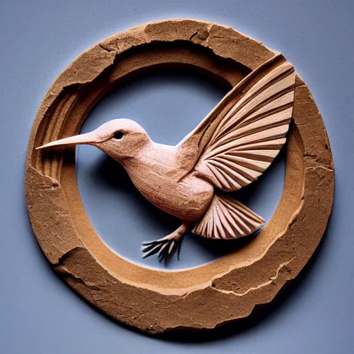 Prompt: intricate hummingbird carved from sandstone, photograph, studio lighting