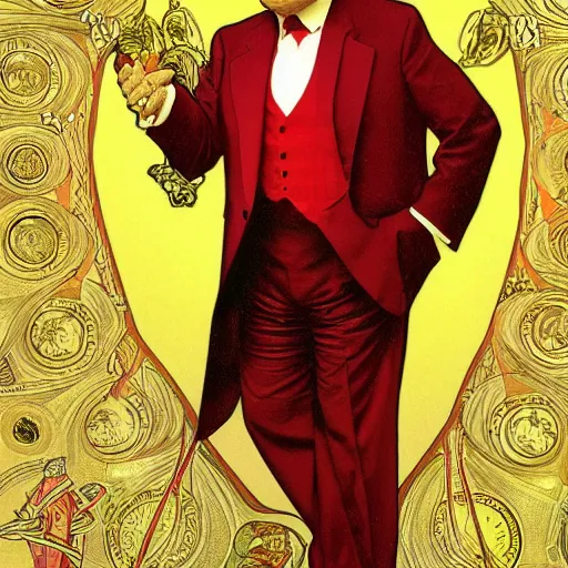 Prompt: Portrait of Trump wearing a red suit, illustrated by Alphonse Mucha, yellow stars, award-winning digital art, 4k resolution,