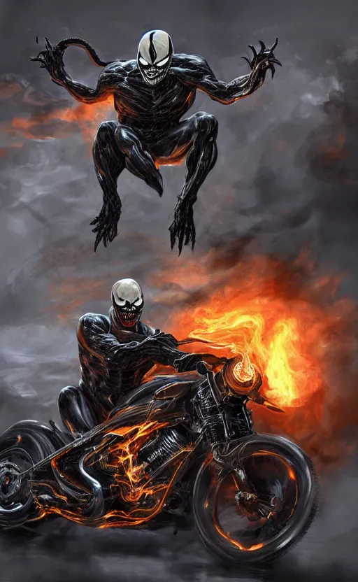 Image similar to venom as ghost rider on a motorcycle, dynamic lighting, photorealistic fantasy concept art, trending on art station, stunning visuals, terrifying, creative, cinematic