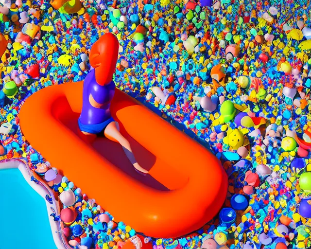 Image similar to a giant sculpture made out of of inflatable pool toys in a human head shape, on the surface of the ocean, in the style of chad knight, long shot, hyper detailed, hyper realistic, ray tracing, 8 k resolution, sharp focus, realistic water, award winning sculpture