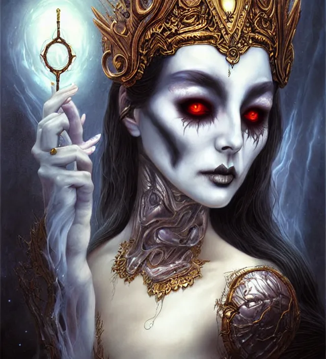 Prompt: ghostly goddess, undead, portrait, tarot card, digital art by artgerm and karol bak