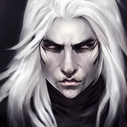 Prompt: a portrait of a white haired parted through the middle man, black sclera eyes, wearing white kimono with black shirt underneath, D&D, sci-fi, elegant, hopeful, muscular, highly detailed, digital painting, artstation, concept art, smooth, sharp focus, illustration