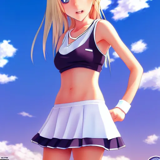 Prompt: a very beautiful young anime tennis girl, full body, head, long wavy blond hair, sky blue eyes, full round face, short smile, bikini, miniskirt, front view, full shot, highly detailed, cinematic wallpaper by stanley artgerm lau