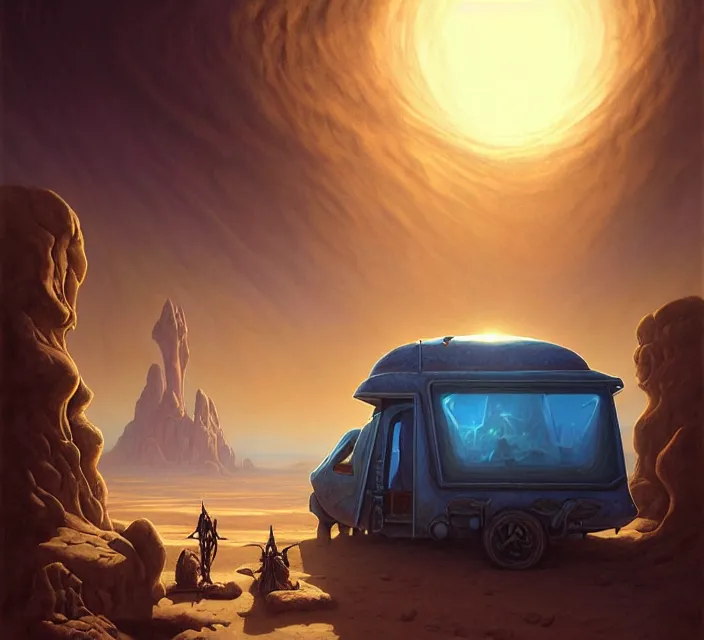 Prompt: subsurface scattering, a desert caravan rests at an azure watery oasis, the art of athas and dark sun, brom's dark sun art on a 7 0's style fantasy novel cover, digital painting by brom, amazingly detailed d & d art, concept art, intricate details, beautiful, volumetric lighting, ultrarealistic, cgsociety, artstation