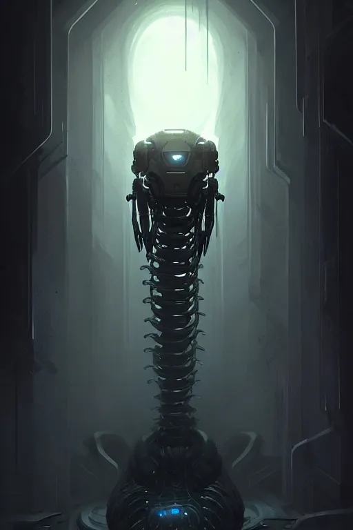 Image similar to professional concept art portrait of a ominous floating robotic terrifying!! species thing in a dark room by artgerm and greg rutkowski. an intricate, elegant, highly detailed digital painting, concept art, smooth, sharp focus, illustration, in the style of cam sykes.