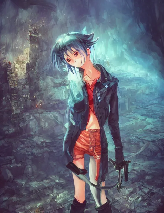 Image similar to scenic wide angle portrait of a teenage girl in a coal mine, blue jeans outfit, anime in fantasy style, trending artwork, made with anime painter studio, by anato finstark, tony sart, marc simonetti and an anime artist, collaboration