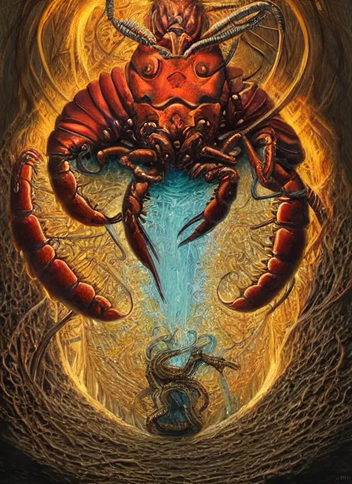 Prompt: lobster glowing reptile eyes, shamanic poster lsd art, intricate, elegant, highly detailed, centered, digital painting, artstation, concept art, smooth, sharp focus, illustration, artgerm, tomasz alen kopera, peter mohrbacher, donato giancola, joseph christian leyendecker, wlop, frank frazetta