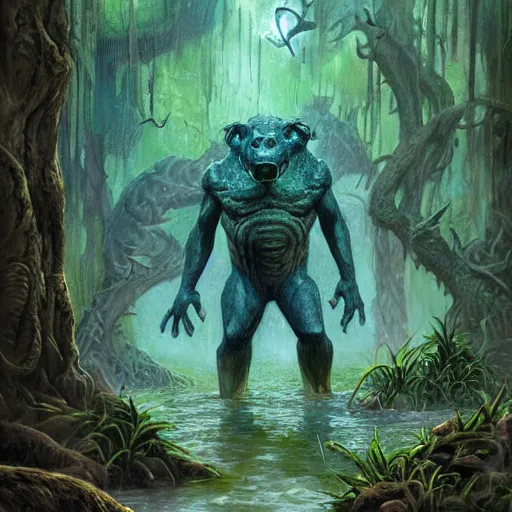Prompt: beasts from the stars in the swamp, Darrell K Sweet, artstation, concept art, digital art