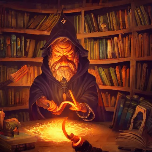 Prompt: A wizard casting a spell with fire and ice, surrounded by books, digital painting, detail oriented, highly detailed, beautiful, artstation, concept art, highly coherent, studio lighting, dynamic scene, By Barret Frymire