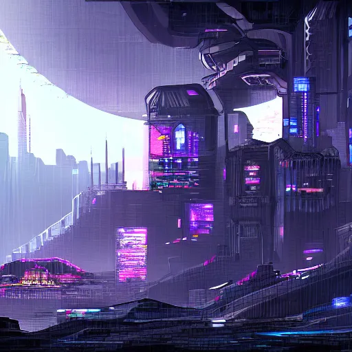 Prompt: a cyberpunk fortress, digital art