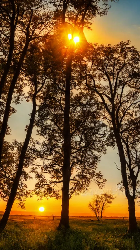 Image similar to beautiful sunset with tons of aligned trees, epic stock photo