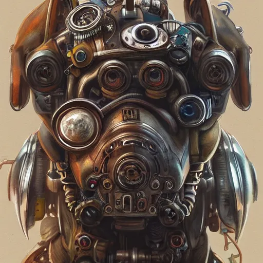 Image similar to portrait painting of a steampunk cyborg dog, transhumanism, ultra realistic, concept art, studio ghibli, intricate details, eerie highly detailed