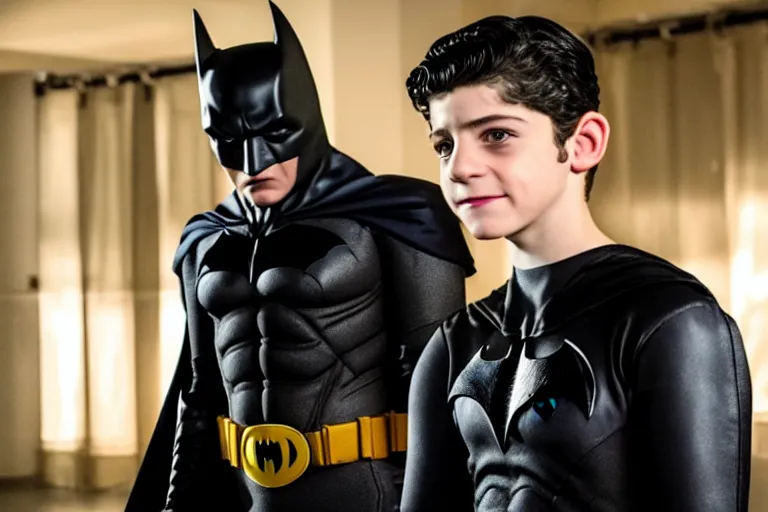 Image similar to David Mazouz from the gotham TV series wearing a Batman costume ultra realistic, 4K, movie still, UHD, sharp, cinematic