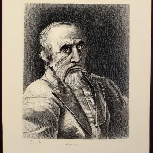 Image similar to a lithograph of a extremely old man