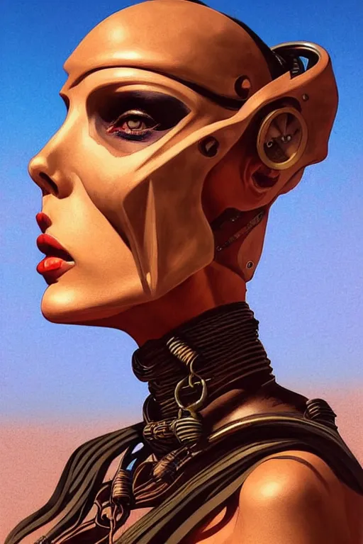 Image similar to sideview face portrait of a steampunk desert empress. by vincent di fate, james jean, dom qwek. inspired by igor goryunov andrei riabovitchev. art by paul lewin. madmax aesthetics. atmospherical, photorealistic retrofuturist concept art, trending on art station, cinematic, ultra detailed